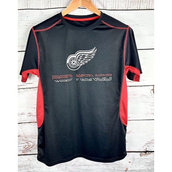 Detroit NHL Red Wings Logo Black Red‎ Short Sleeve Men's Polyester Shirt Size L - Picture 1 of 7